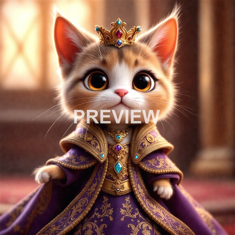 A cute kitten dressed in regal royal attire, wearing a purple and gold gown and a crown with jewelry, standing indoors with a warm background.